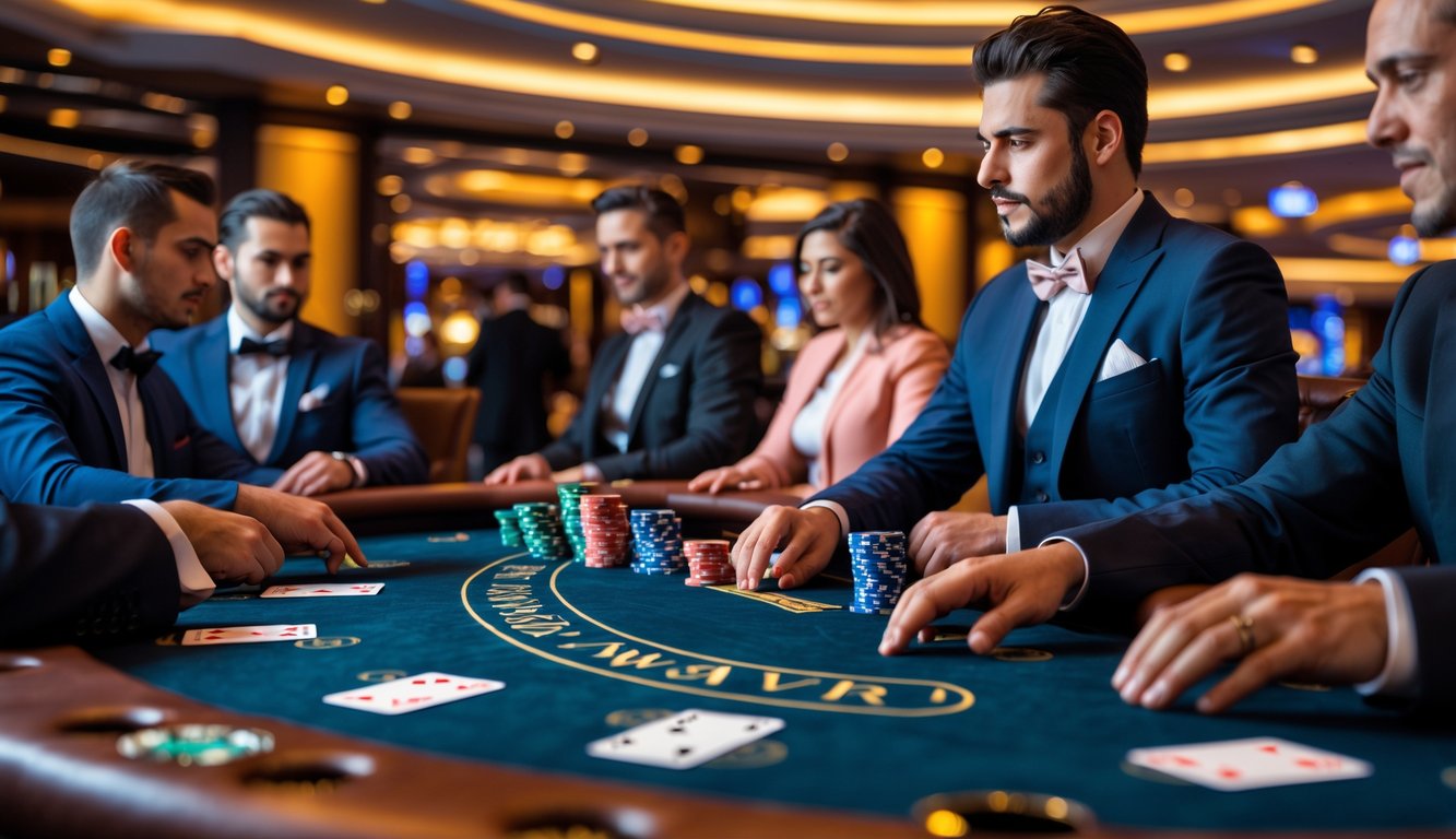 Meja poker di kasino dengan pemain yang sedang bermain kartu dan tumpukan chip di atas meja.