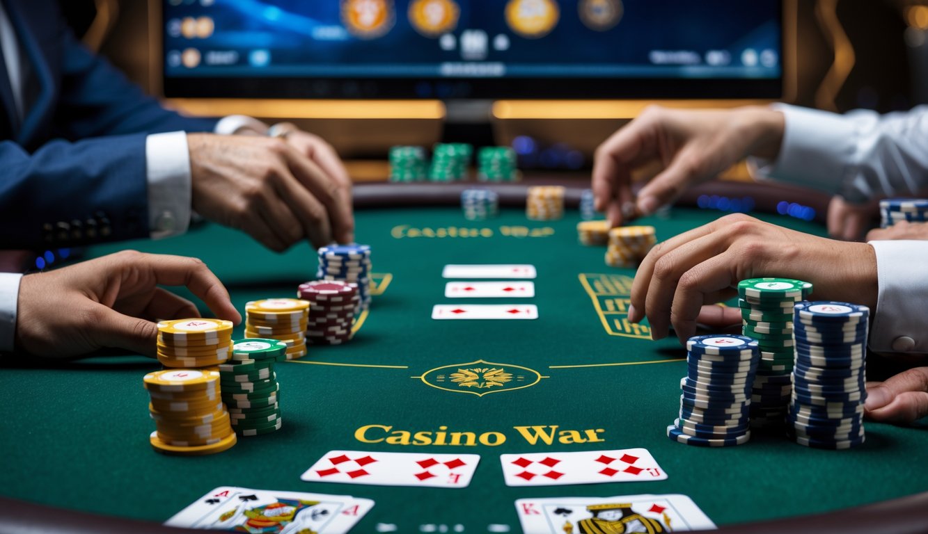 Meja poker dengan kartu dan chip taruhan, beberapa tangan pemain sedang bermain di depan layar komputer yang menampilkan permainan kasino online.