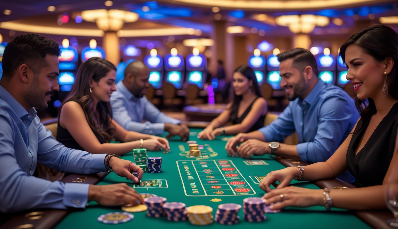 Suasana meja poker di kasino dengan pemain yang sedang bermain dan tumpukan chip di atas meja.