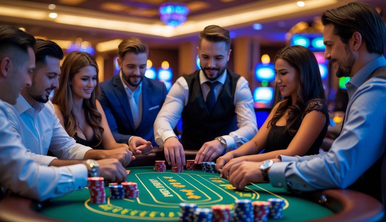 Sekelompok pemain sedang bermain poker casino war di meja kasino dengan dealer membagikan kartu.