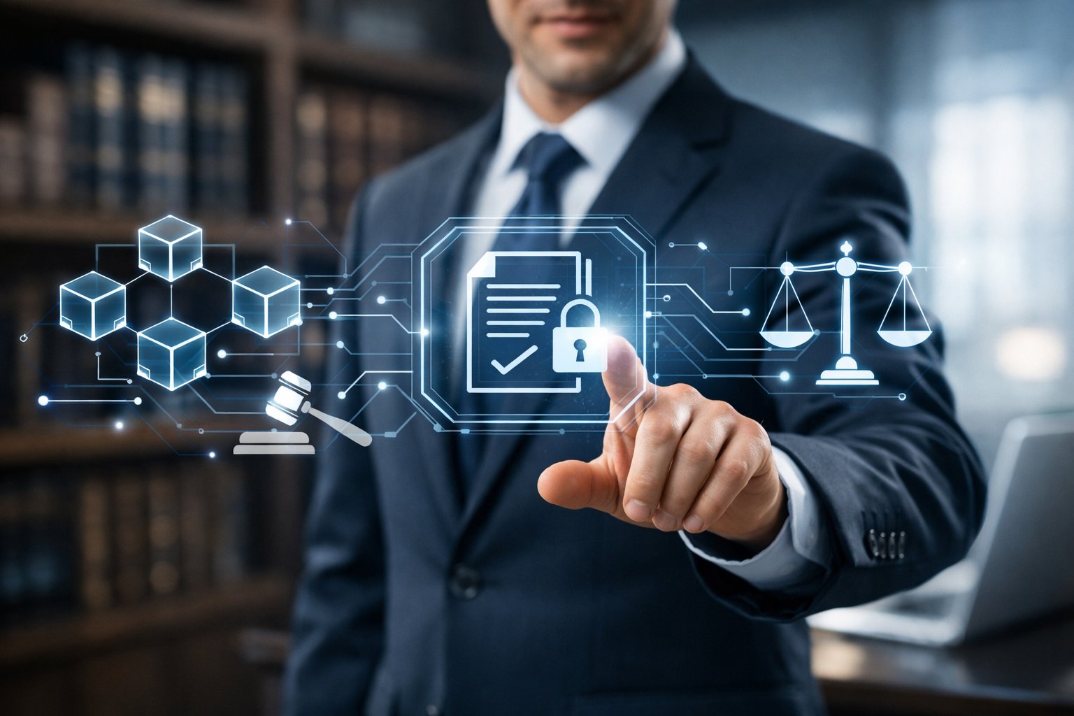 Blockchain-contracten: zijn smart contracts juridisch afdwingbaar? Uitleg en implicaties 3 Een zakelijke professional in een kantooromgeving werkt met een digitaal scherm waarop symbolen van blockchain en juridische contracten zichtbaar zijn.