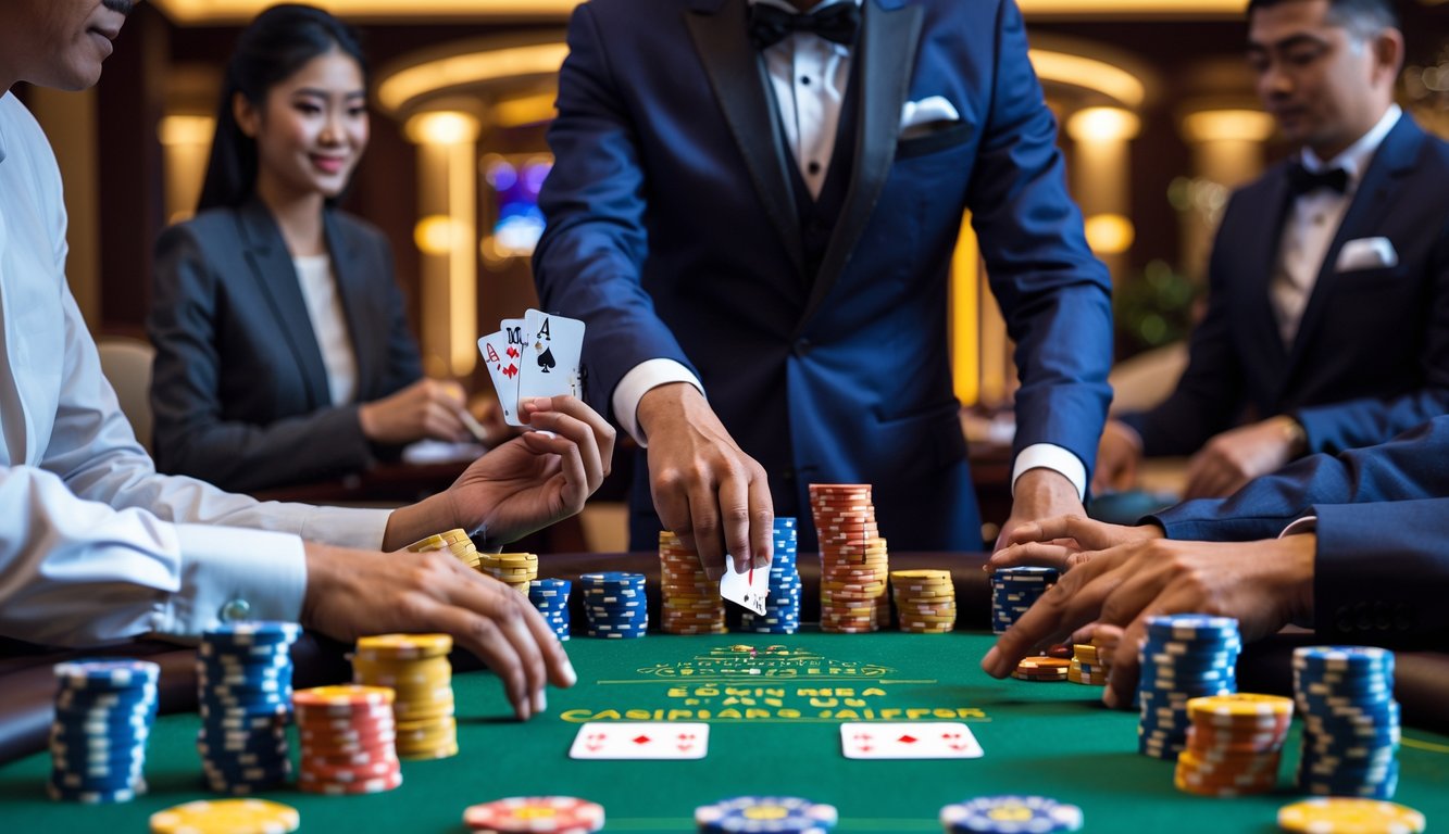 Seorang dealer di kasino yang sedang membagikan kartu poker kepada pemain di meja hijau dengan tumpukan chip, suasana mewah dan profesional.