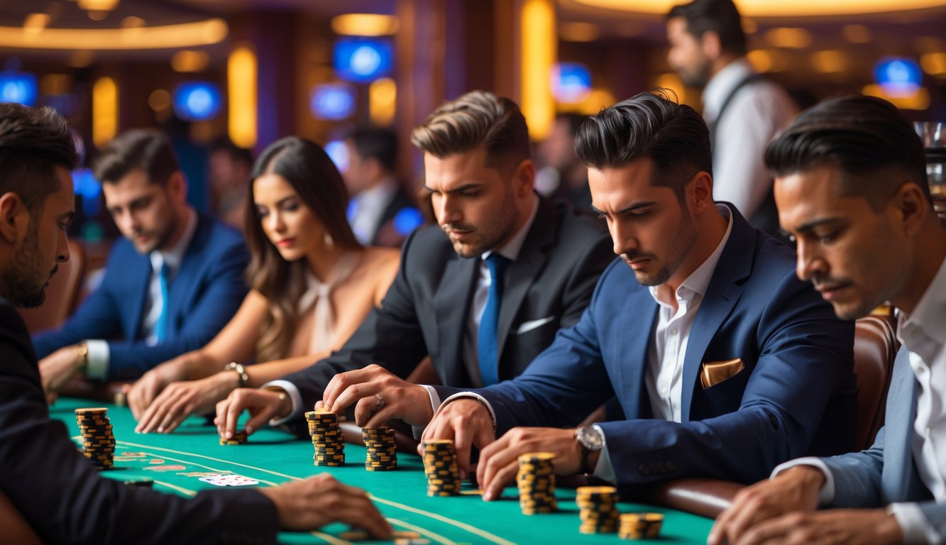 Sekelompok pemain poker sedang bermain di meja kasino dengan tumpukan chip dan kartu, suasana mewah dan fokus.