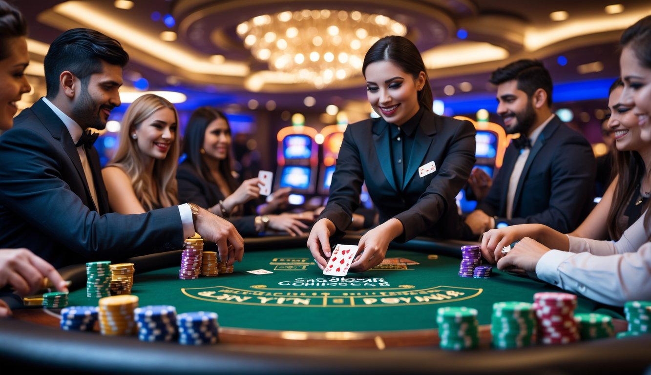 Seorang bandar sedang membagikan kartu di meja poker kasino dengan pemain yang antusias dan tumpukan chip warna-warni di meja.