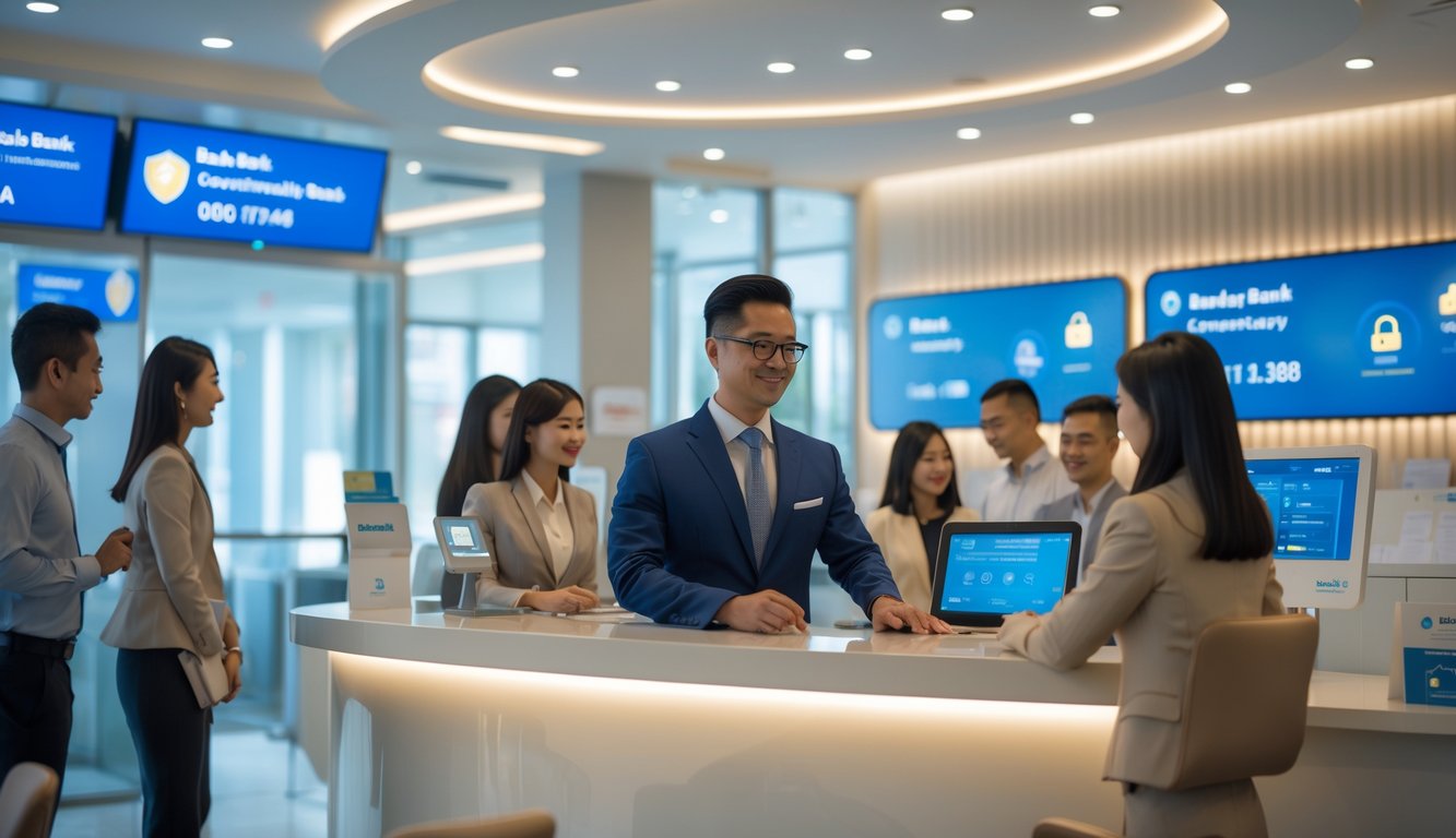 Seorang pegawai bank yang percaya diri melayani pelanggan di dalam kantor bank yang modern dan terang.