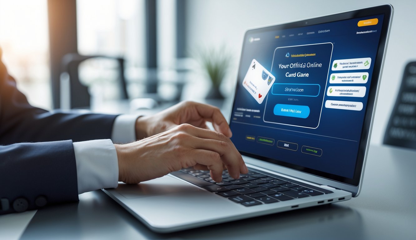 Seseorang menggunakan komputer di kantor modern untuk bermain permainan kartu online resmi dengan suasana yang aman dan profesional.