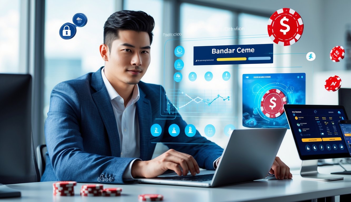 Seorang pria muda duduk di meja dengan laptop dan ponsel, menggunakan layanan perbankan online dan bermain Bandar Ceme secara digital.