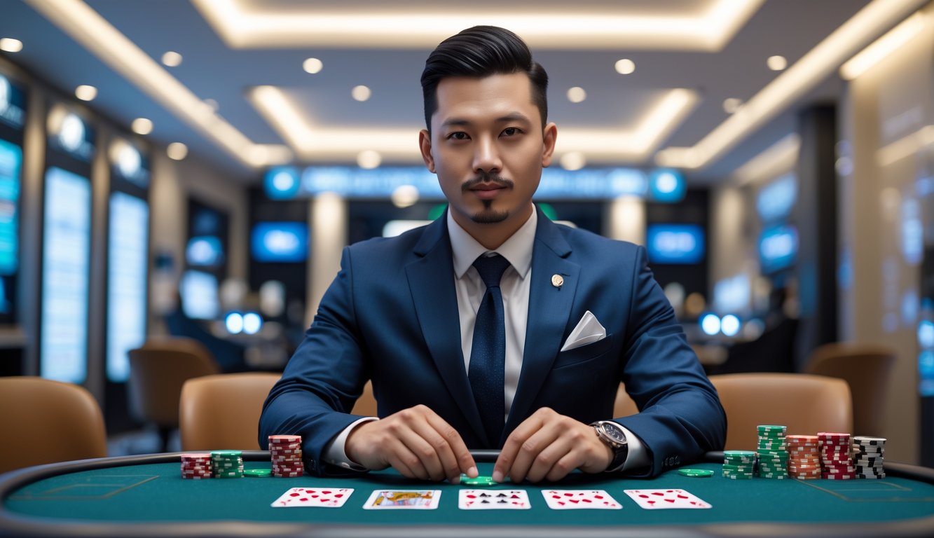 Seorang pria percaya diri duduk di meja dengan kartu dan chip di dalam ruangan bank modern.