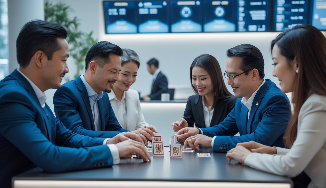 Sekelompok orang dewasa bermain kartu Bandar Ceme di meja dalam suasana bank modern tanpa robot.