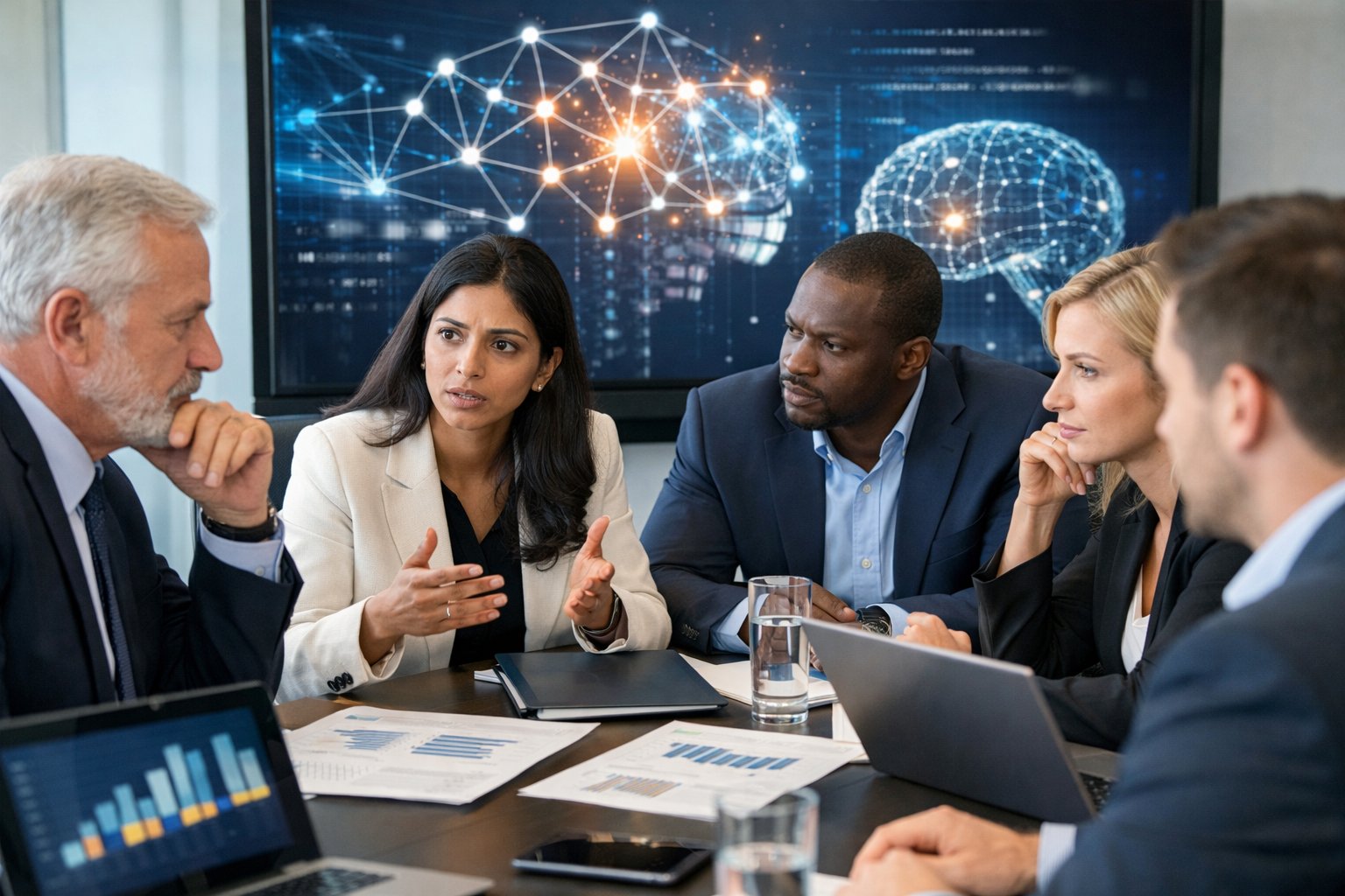 AI-gegenereerde content: wie is aansprakelijk voor fouten? Juridisch overzicht en praktijk 1 Een groep zakelijke professionals bespreekt serieus AI-gerelateerde kwesties rond een vergadertafel in een moderne kantoorruimte.