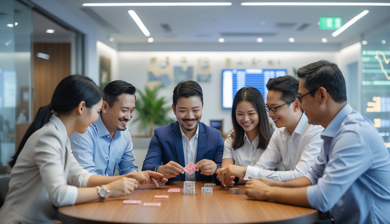 Sekelompok orang bermain kartu Bandar Ceme di dalam kantor bank kecil yang modern dan rapi.