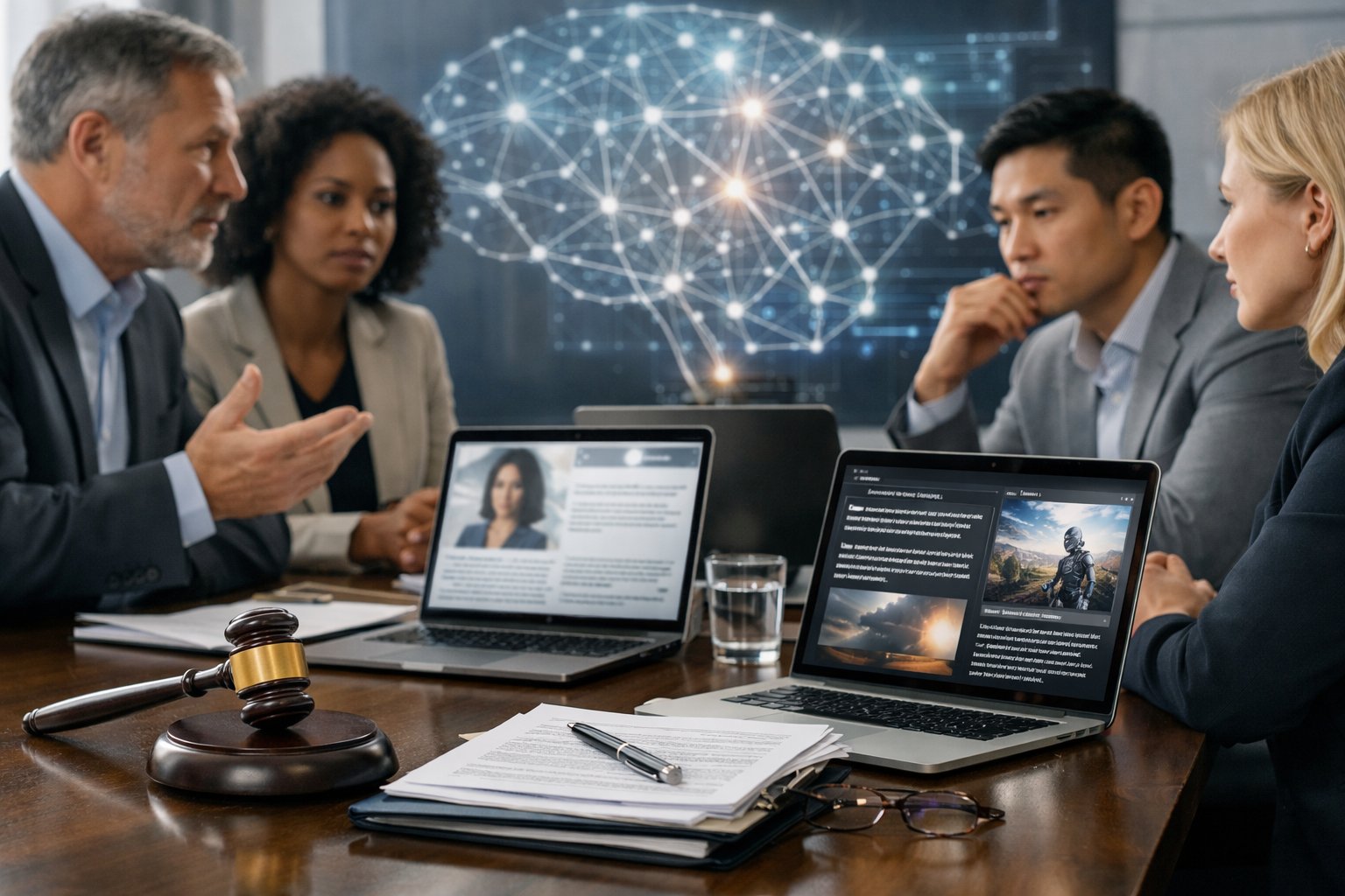 AI-gegenereerde content: wie is aansprakelijk voor fouten? Juridisch overzicht en praktijk 2 Een groep professionals zit rond een vergadertafel met laptops en juridische documenten, in een kantooromgeving met een scherm waarop AI-netwerkbeelden te zien zijn.