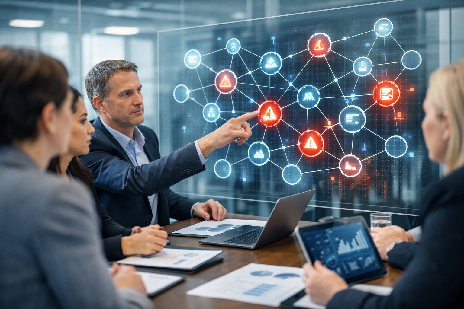 AI-gegenereerde content: wie is aansprakelijk voor fouten? Juridisch overzicht en praktijk 3 Een groep zakelijke professionals bespreekt verantwoordelijkheden rondom AI-gegenereerde inhoud in een moderne kantooromgeving.