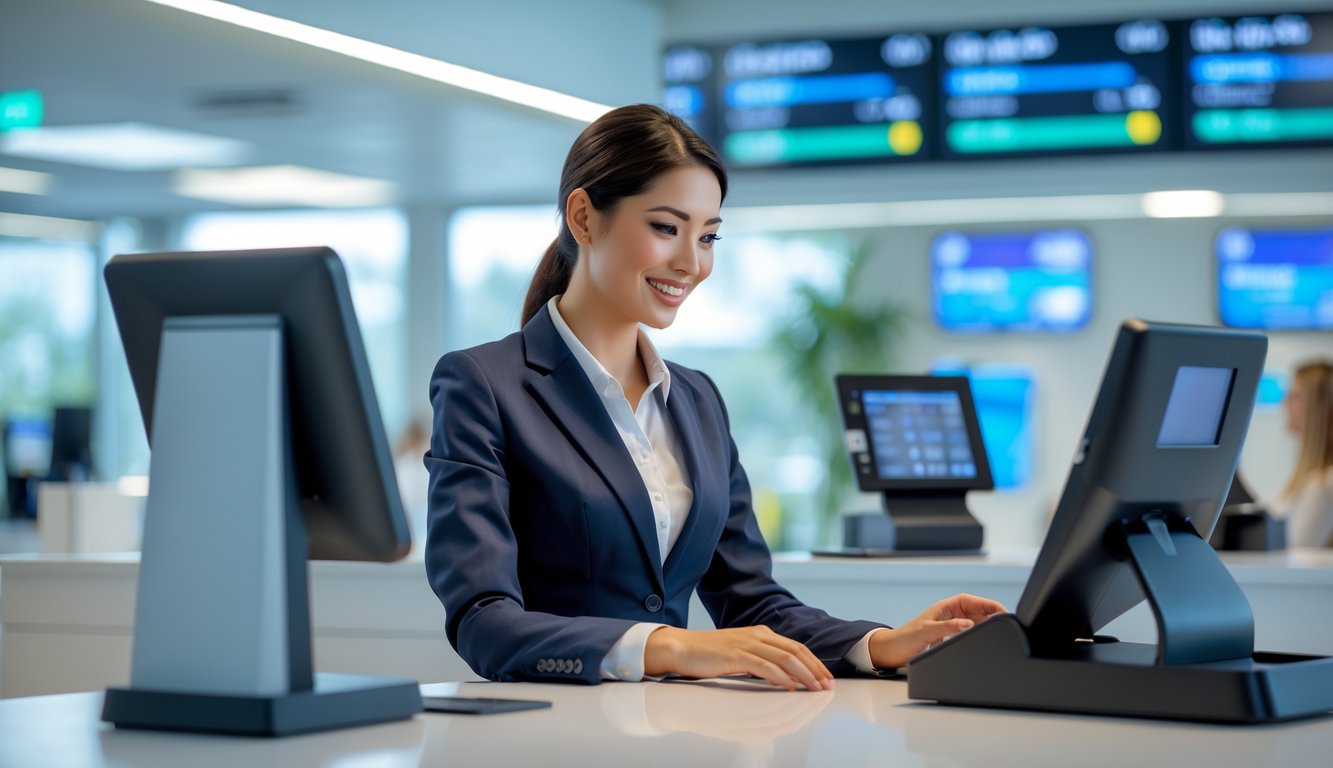 Seorang pegawai bank membantu pelanggan melakukan pembayaran dengan cepat di dalam kantor bank yang modern.