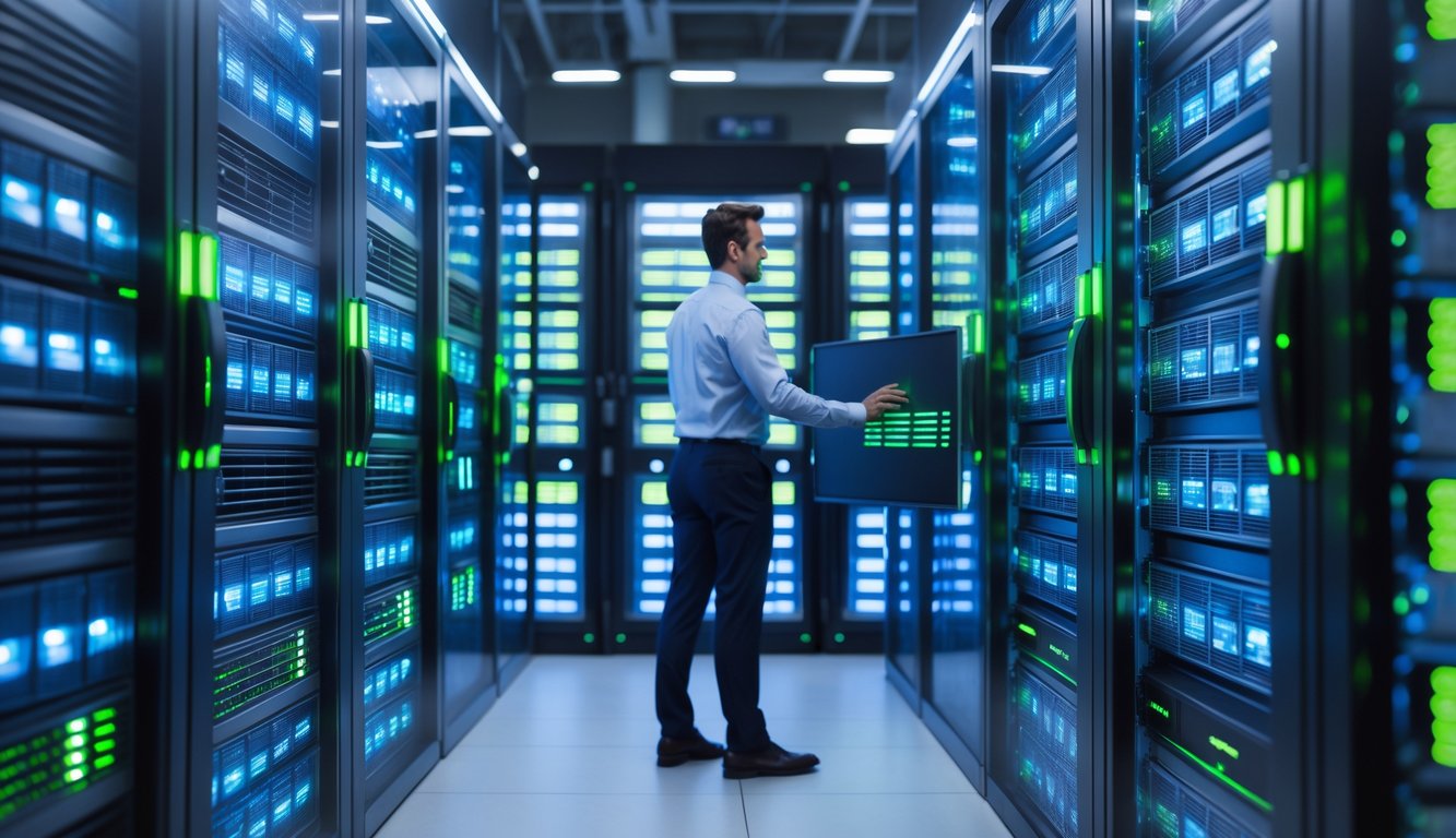 Seorang profesional IT memantau server bank yang stabil di ruang server modern.