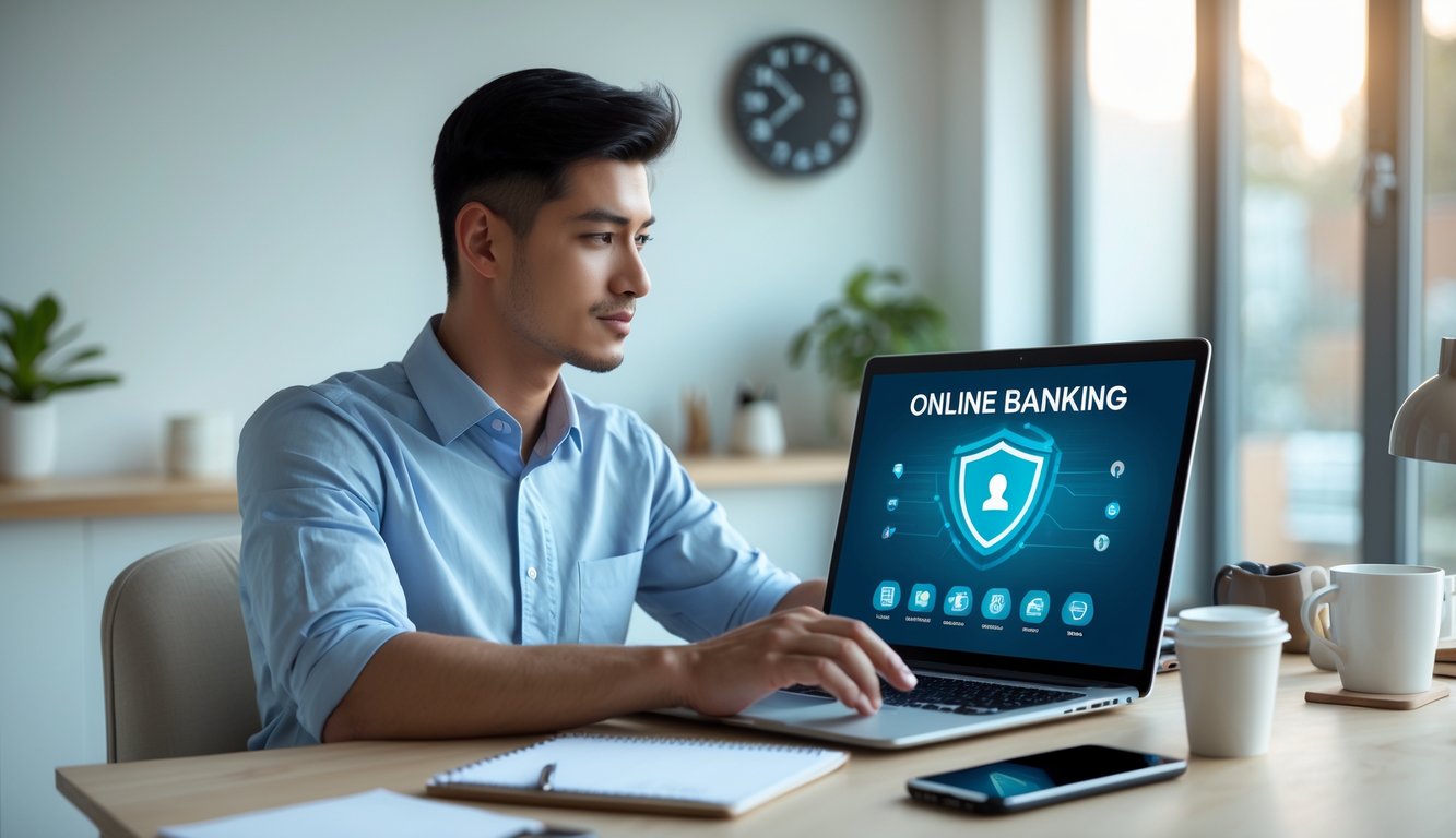 Seseorang menggunakan laptop di meja kerja modern dengan suasana tenang, menunjukkan layanan perbankan online yang terpercaya dan tersedia 24 jam.