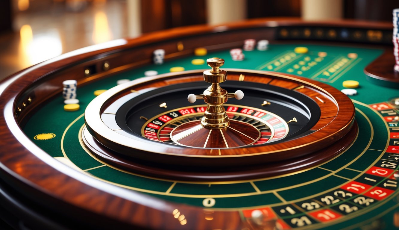 Meja roulette Eropa dengan roda roulette berputar dan bola putih di kasino mewah.