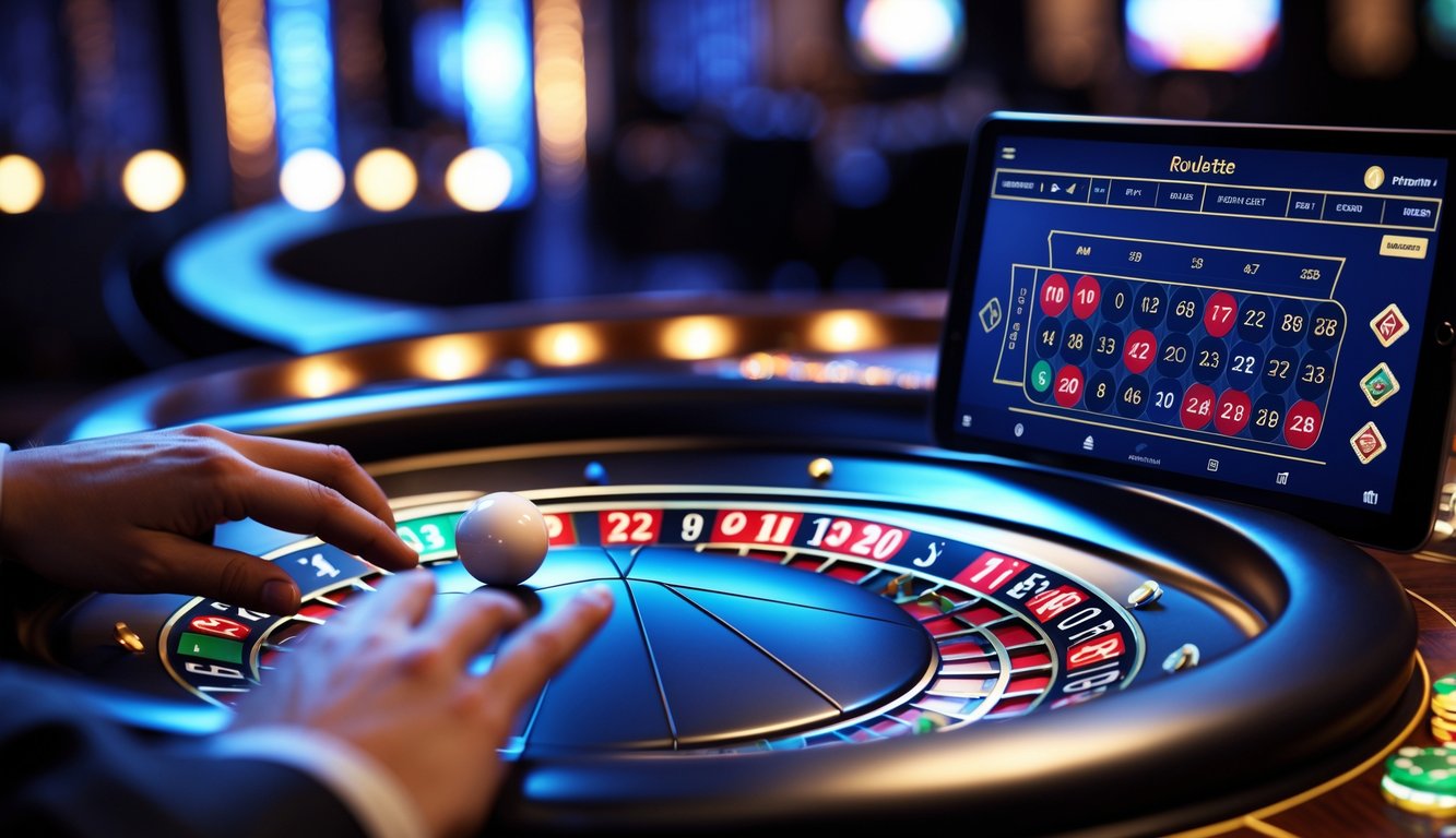 Seseorang menggunakan perangkat layar sentuh untuk bermain roulette Eropa secara online dengan roda roulette digital di latar belakang.