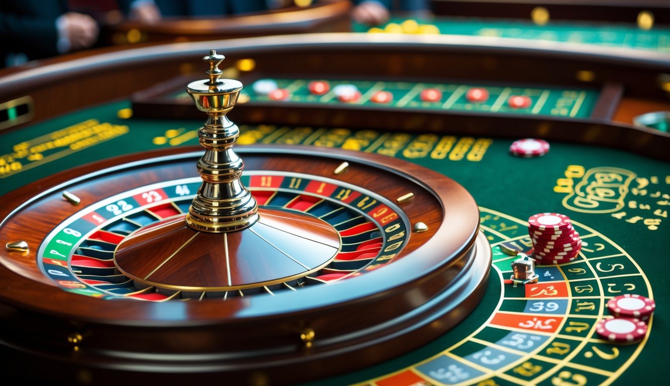 Meja roulette Eropa dengan roda roulette dan chip taruhan di kasino.