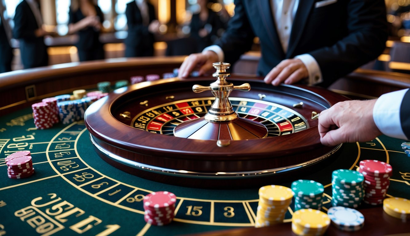 Meja roulette Eropa dengan roda berputar dan chip taruhan di kasino mewah.