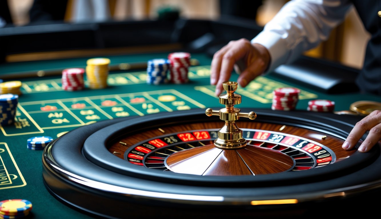 Meja roulette Eropa kecil dengan roda roulette dan chip taruhan, seorang bandar sedang meletakkan chip.