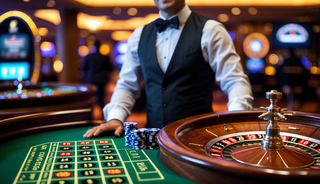 Seorang dealer profesional sedang mengelola permainan roulette Eropa langsung di meja kasino.