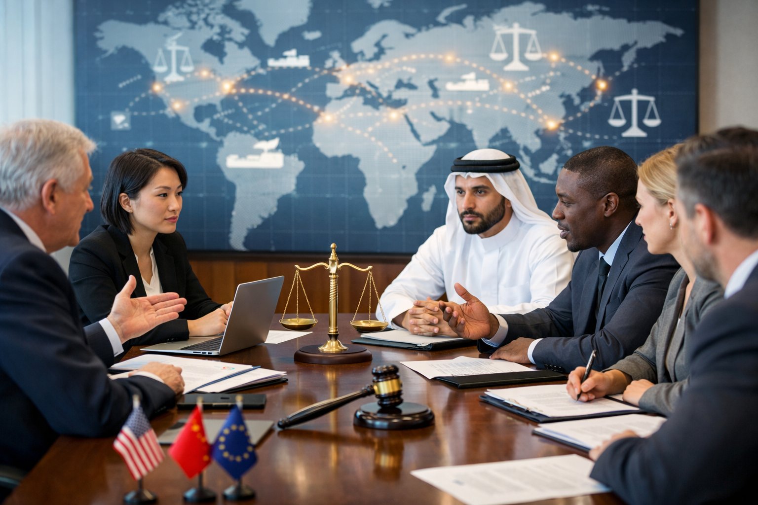 Een groep internationale zakelijke en juridische professionals in een moderne vergaderruimte die een gesprek voeren over internationale handelsconflicten en arbitrage.