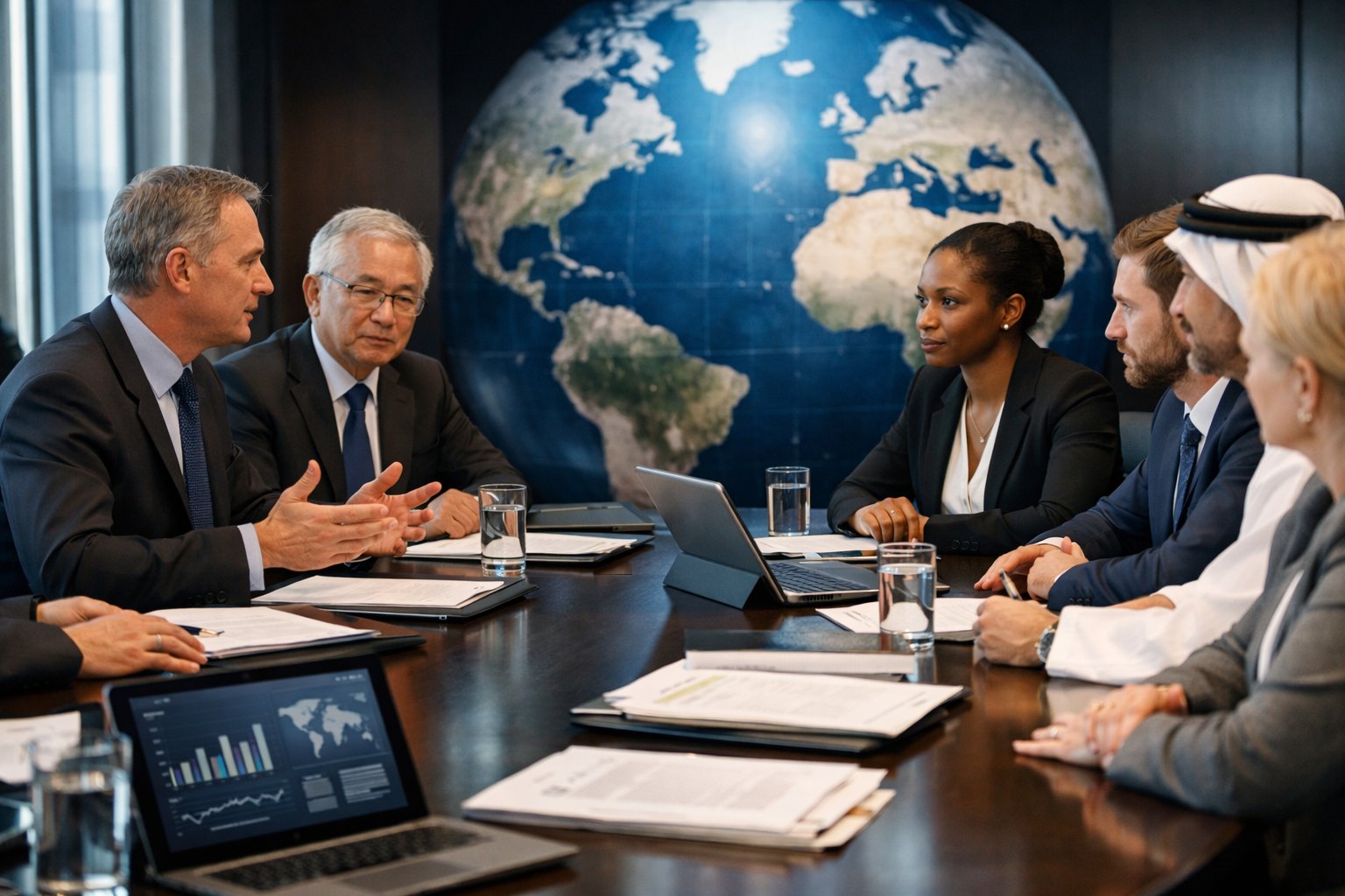 Een groep zakelijke professionals in een moderne vergaderruimte die een internationale handelsgeschilbeslechting bespreken.