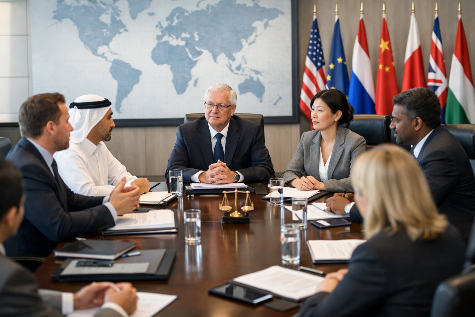 Een groep zakelijke professionals zit samen aan een tafel in een vergaderruimte voor internationale geschilbeslechting.