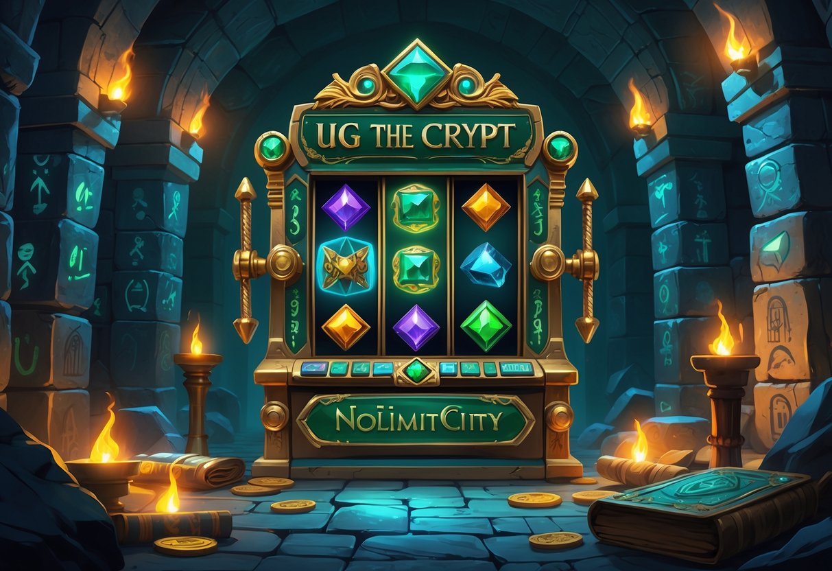 Ilustrasi sebuah mesin slot di dalam sebuah ruang makam kuno dengan dinding batu yang berhiaskan simbol misterius dan obor yang menyala.