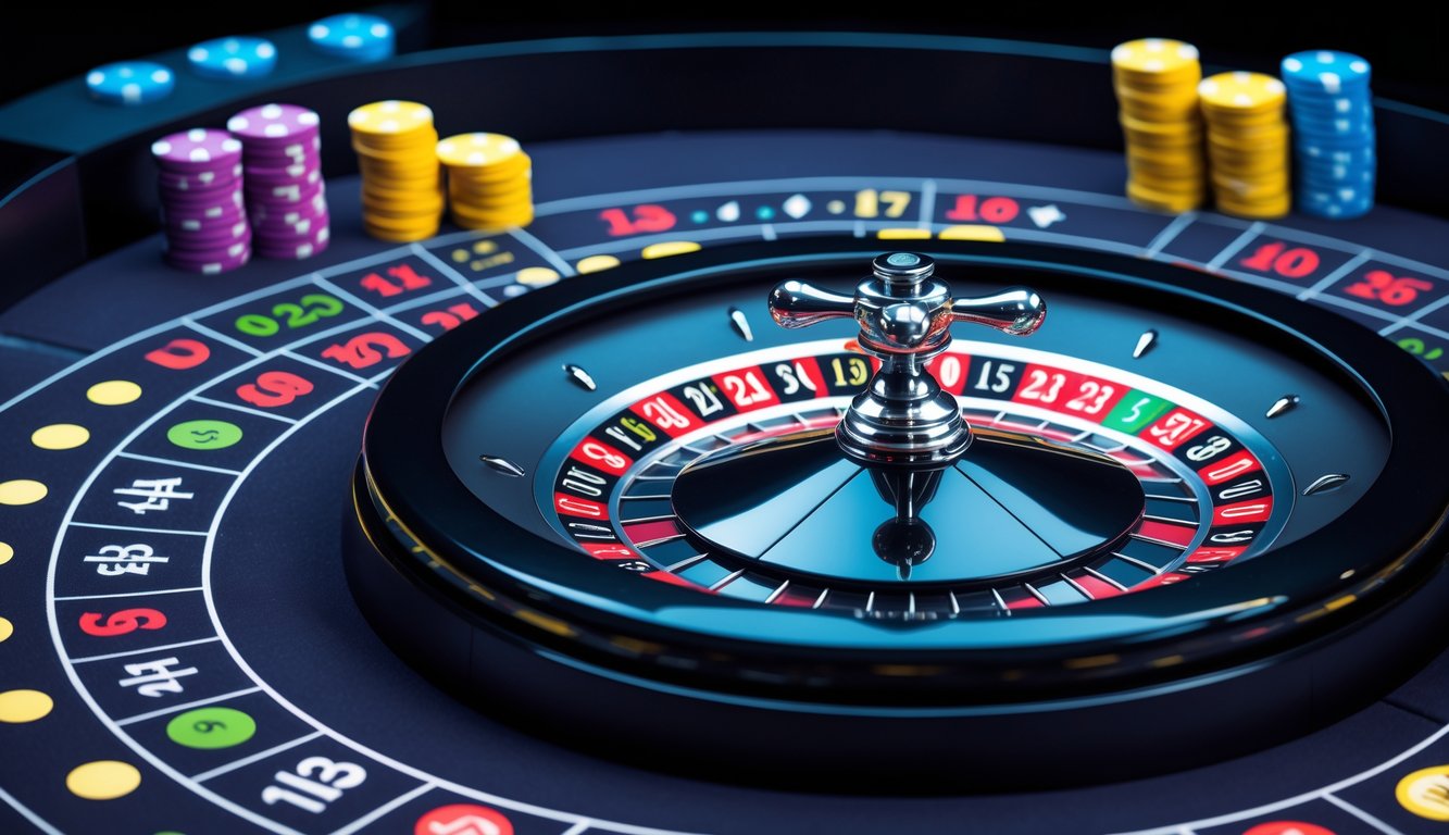 Tampilan meja roulette Eropa online dengan roda roulette digital dan tumpukan chip taruhan dalam suasana kasino yang gelap.