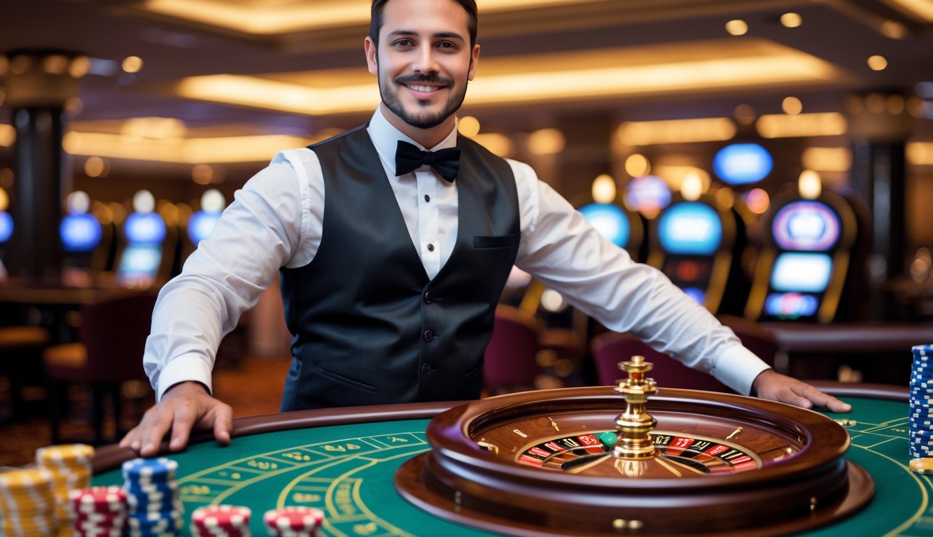 Seorang dealer roulette Eropa berdiri di belakang meja roulette di kasino dengan ekspresi ramah.