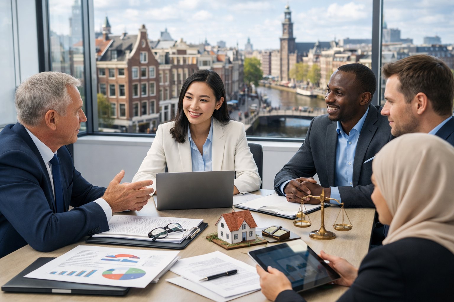 Stappenplan: Een BV oprichten met buitenlandse aandeelhouders in Nederland – Volledig overzicht 1 Een groep internationale zakenmensen vergadert rond een tafel in een kantoor met uitzicht op Amsterdam.