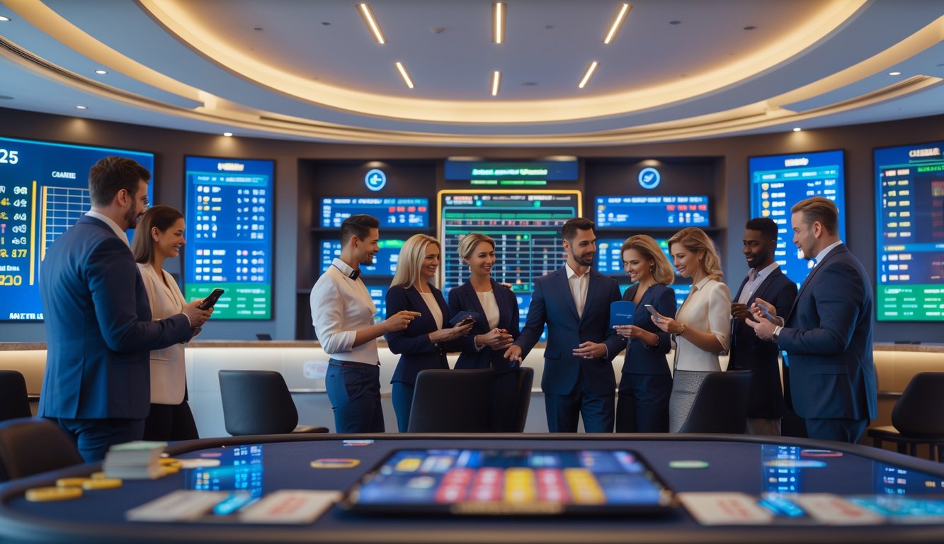 Seorang kelompok orang dewasa yang mengenakan pakaian rapi sedang berdiskusi dan menggunakan perangkat digital di ruang taruhan modern yang terang dan teratur.