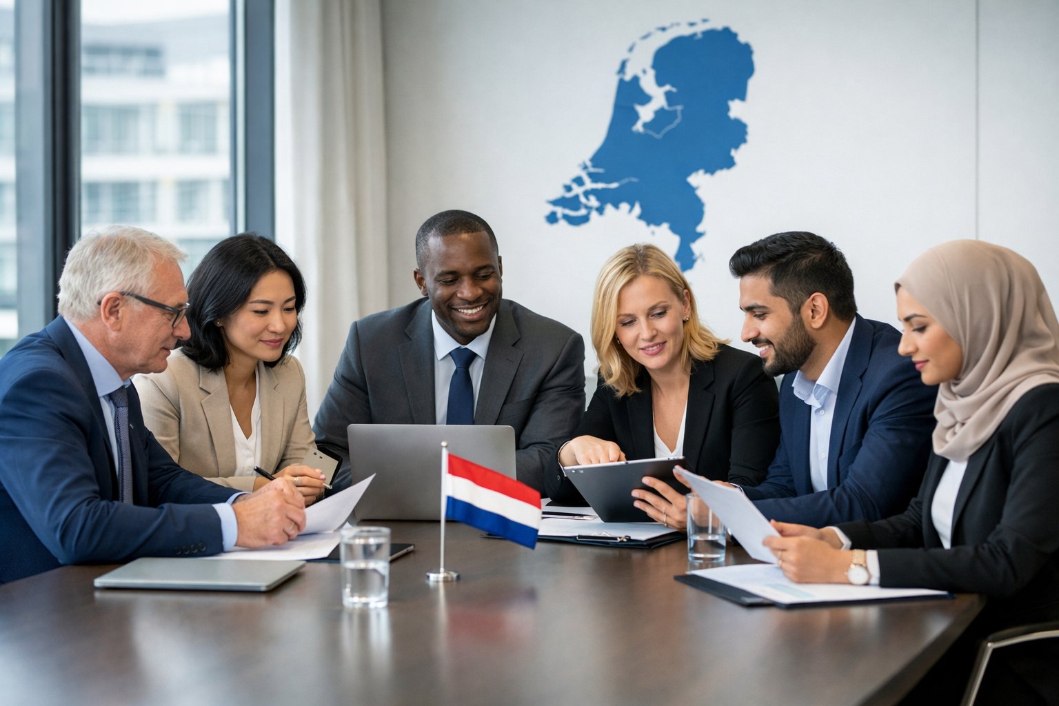 Stappenplan: Een BV oprichten met buitenlandse aandeelhouders in Nederland – Volledig overzicht 3 Een diverse groep internationale zakenmensen in een moderne vergaderruimte die samen documenten en laptops bekijken.