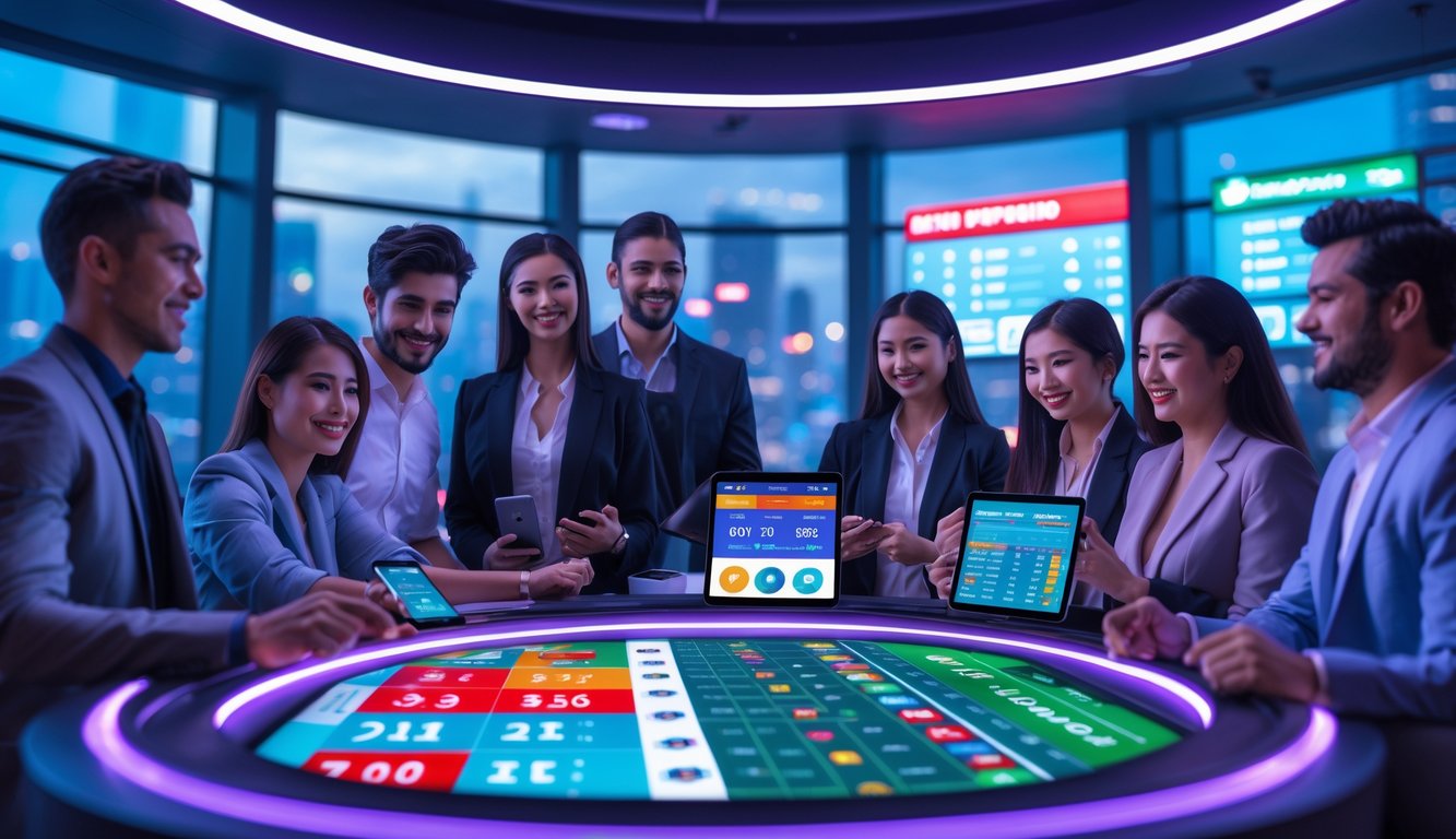 Sekelompok orang muda sedang menggunakan perangkat digital untuk bertaruh secara online di sebuah ruangan modern dengan pemandangan kota futuristik di latar belakang.