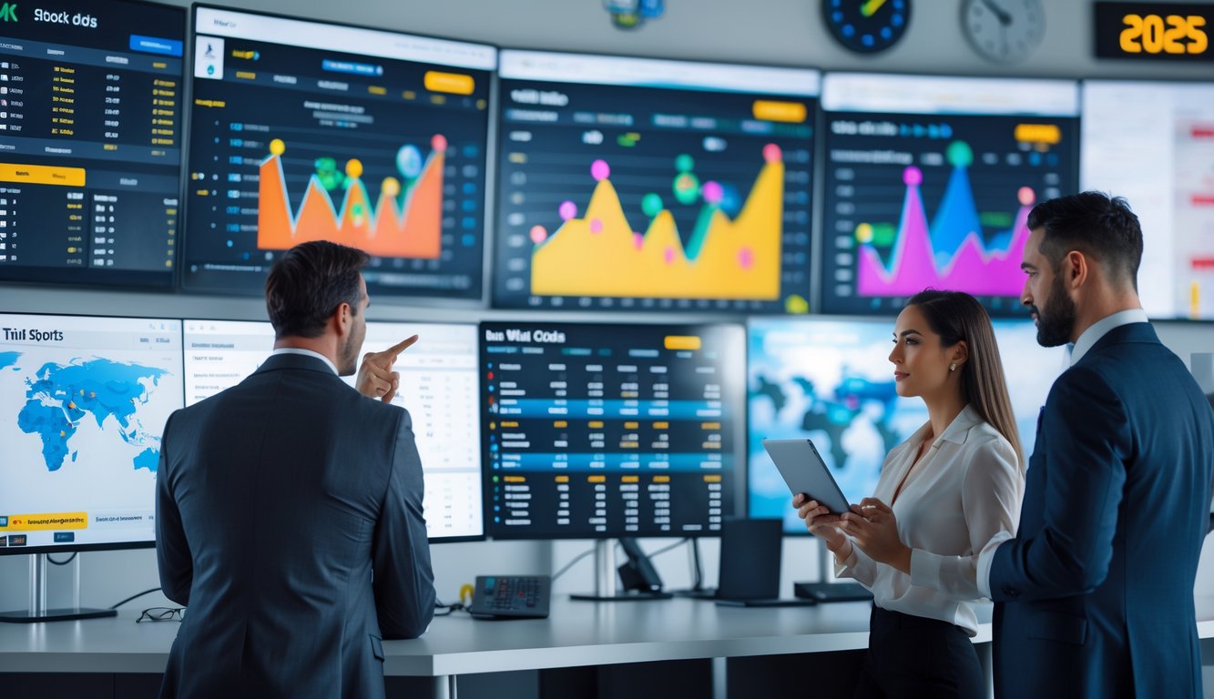 Orang-orang di kantor taruhan modern sedang melihat layar komputer dengan data peluang taruhan olahraga.