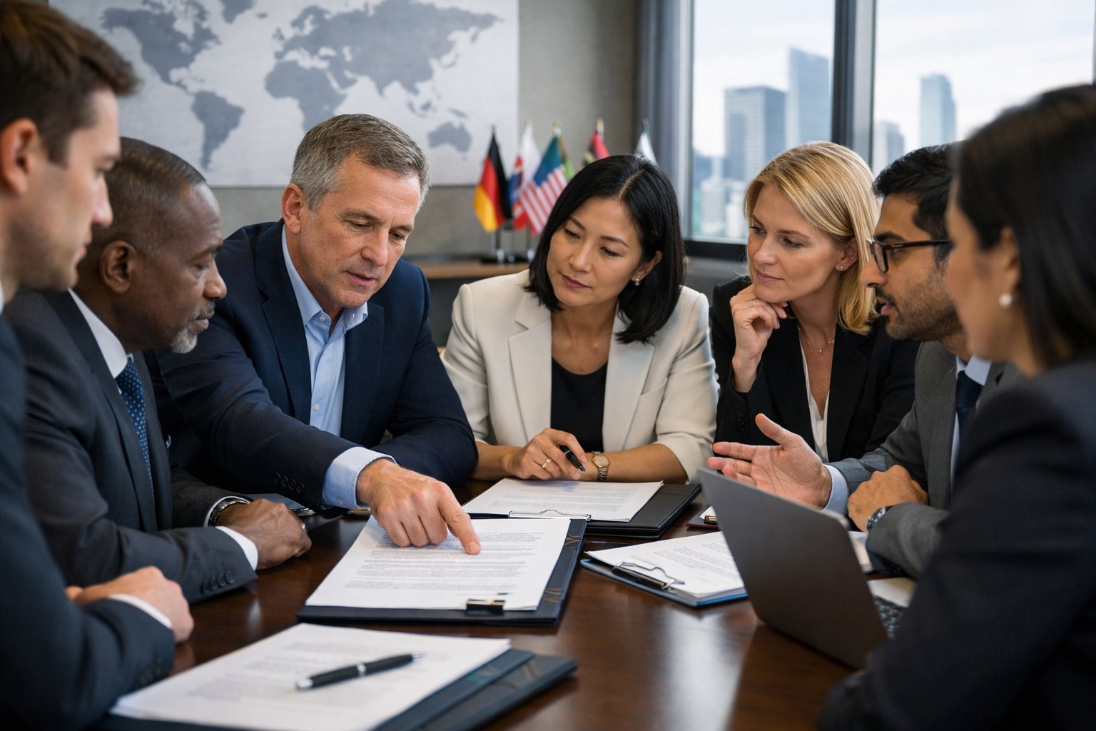 De 5 meest gemaakte fouten bij internationale commerciële contracten: inzicht en oplossingen 1 Een groep internationale zakenmensen bespreekt contracten aan een vergadertafel in een modern kantoor.