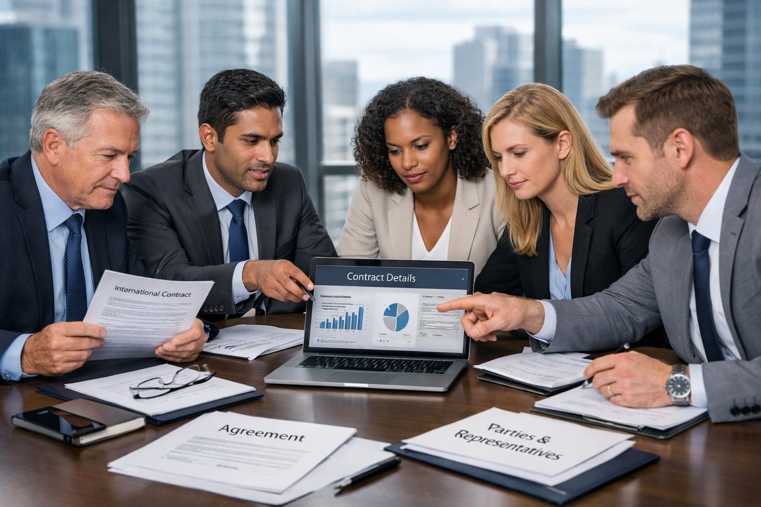 De 5 meest gemaakte fouten bij internationale commerciële contracten: inzicht en oplossingen 2 Een groep van vijf zakelijke professionals bespreekt documenten en werkt samen aan een contract aan een vergadertafel in een kantoor met uitzicht op de stad.