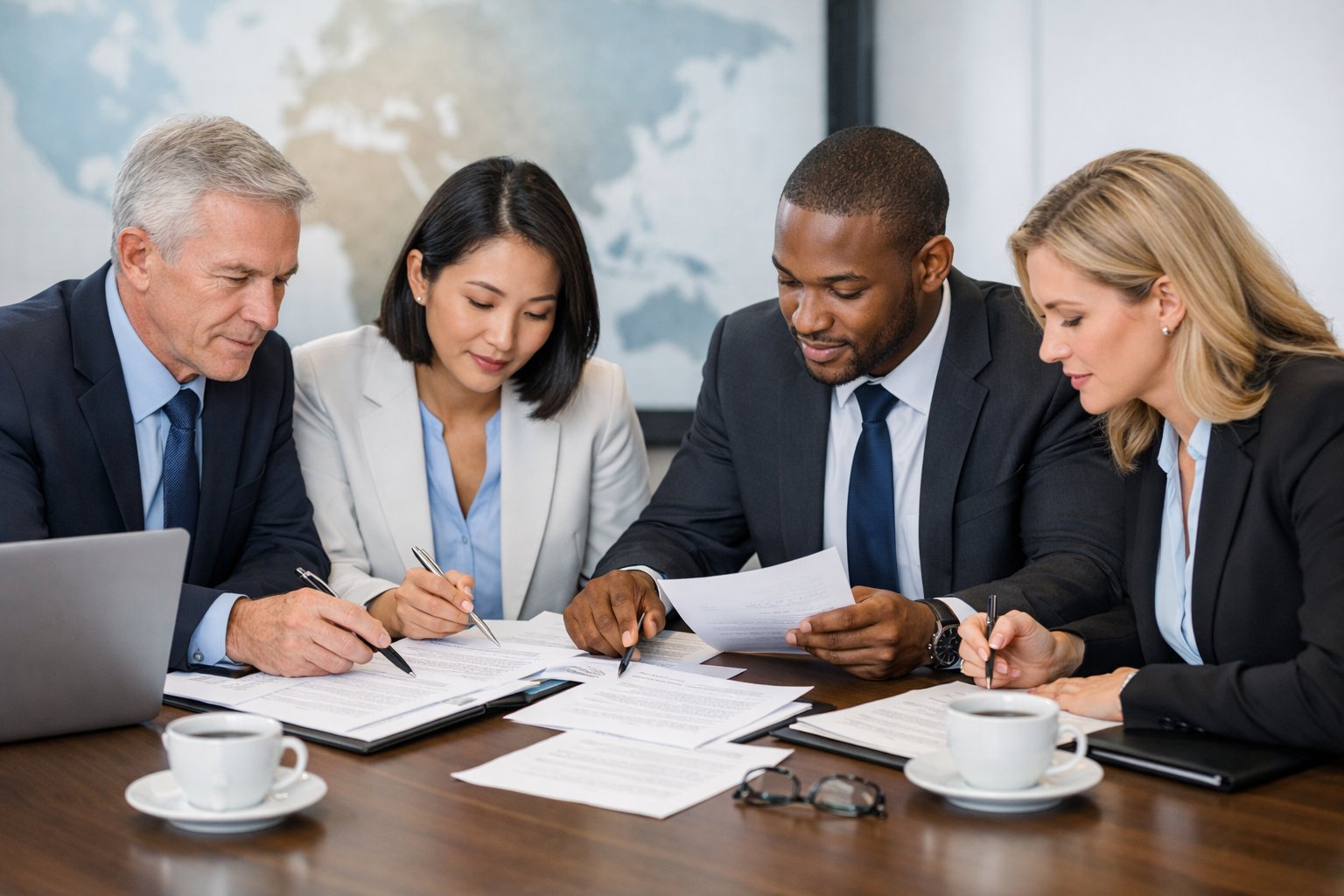 De 5 meest gemaakte fouten bij internationale commerciële contracten: inzicht en oplossingen 3 Vier zakelijke professionals die samen aan een tafel zitten en contracten doornemen in een kantoor met een wereldkaart op de achtergrond.