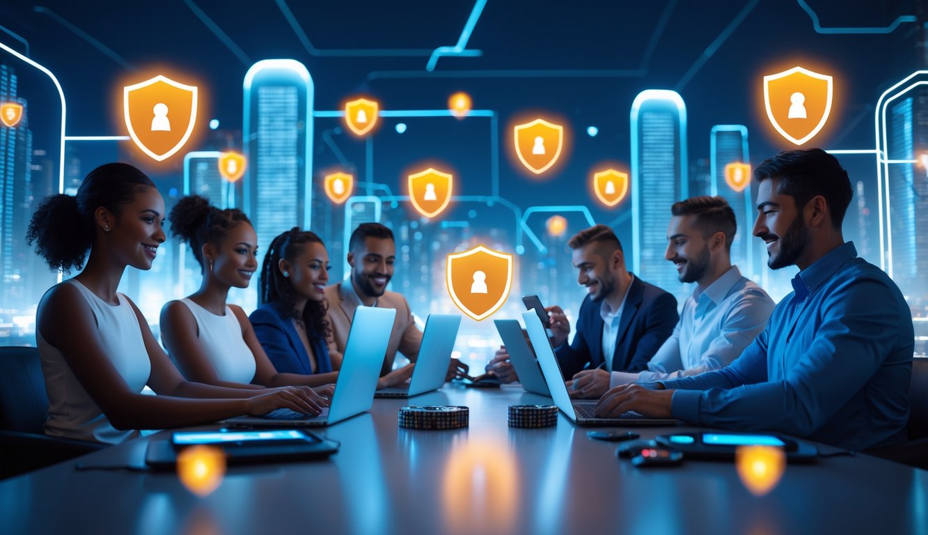 Sekelompok orang menggunakan laptop dan ponsel di lingkungan modern dengan ikon keamanan digital yang menyala, latar belakang kota futuristik.