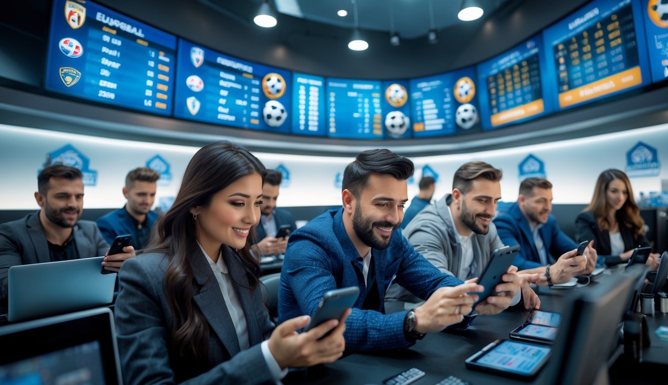 Orang-orang sedang memasang taruhan sepak bola dengan layar digital besar menampilkan statistik pertandingan di latar belakang.