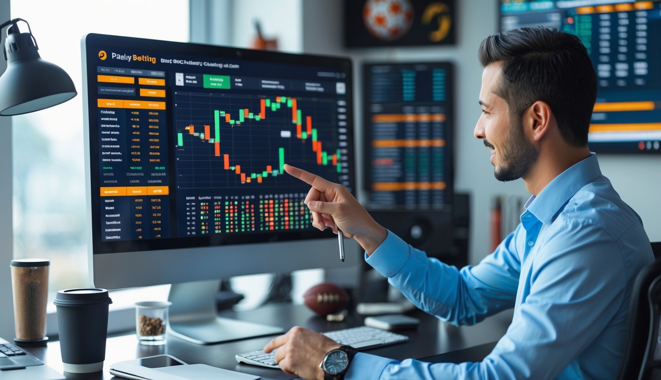 Seseorang sedang bekerja di depan komputer dengan tampilan data taruhan olahraga dan grafik di meja yang rapi.