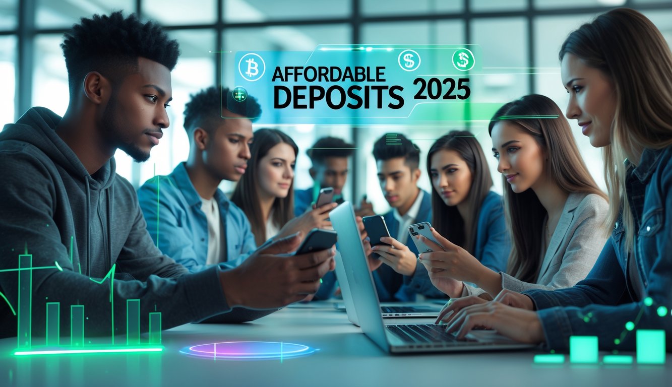 Beberapa orang muda sedang menggunakan perangkat digital di ruang kerja modern yang cerah dengan latar belakang elemen digital yang menunjukkan aktivitas transaksi keuangan.