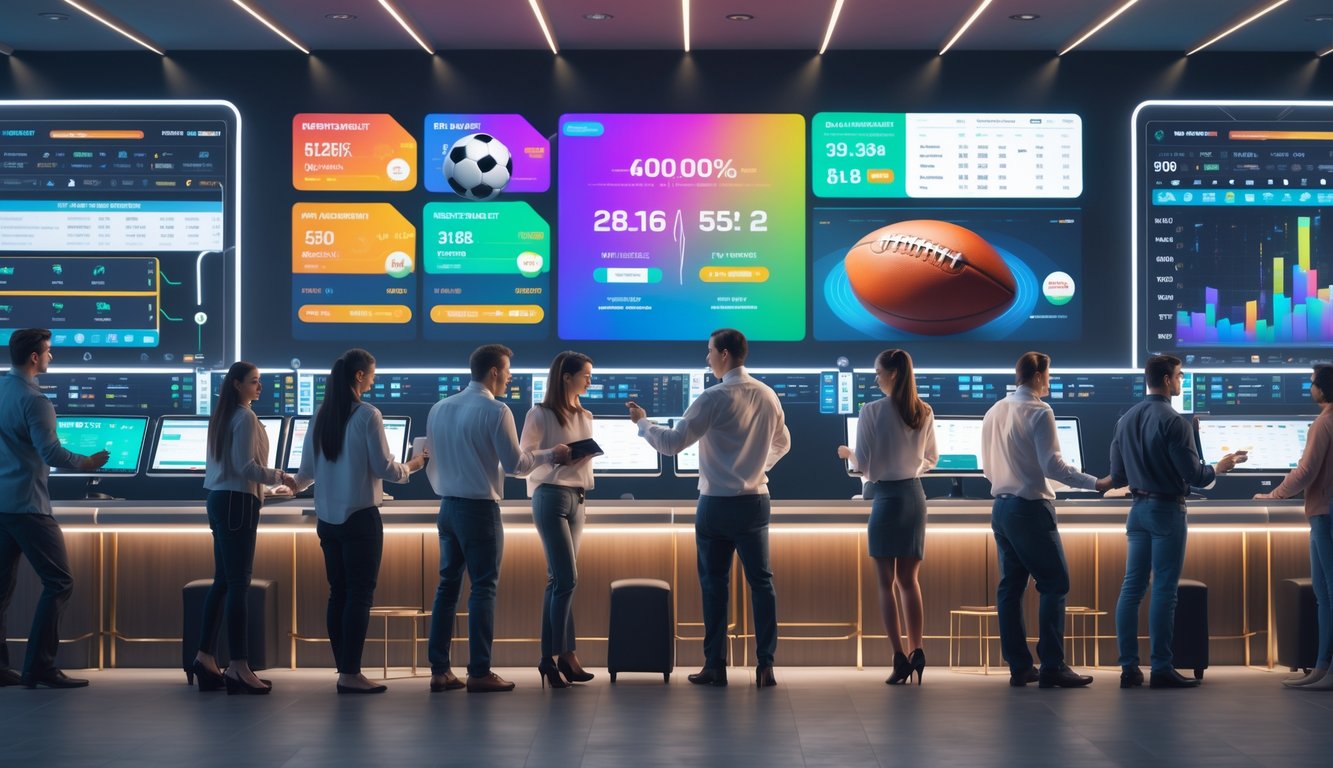 Orang-orang sedang menggunakan layar digital besar dan perangkat elektronik untuk memasang taruhan olahraga secara langsung.