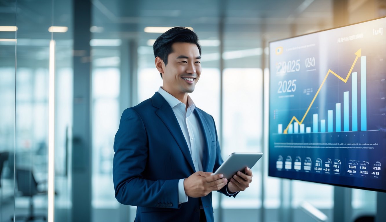 Seorang pria bisnis Asia yang percaya diri berdiri di kantor modern sambil memegang tablet digital dengan grafik naik dan statistik.