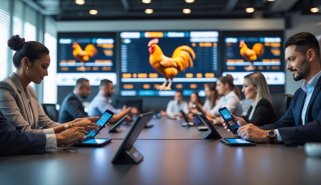 Orang-orang sedang memasang taruhan menggunakan perangkat digital di sebuah kantor taruhan dengan layar besar menampilkan grafik dan gambar ayam aduan.