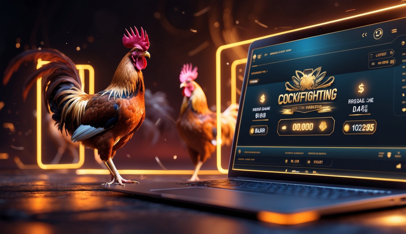 Antarmuka digital modern dengan elemen interaktif dan gambar ayam jago dalam latar belakang yang menunjukkan suasana taruhan sabung ayam online resmi.