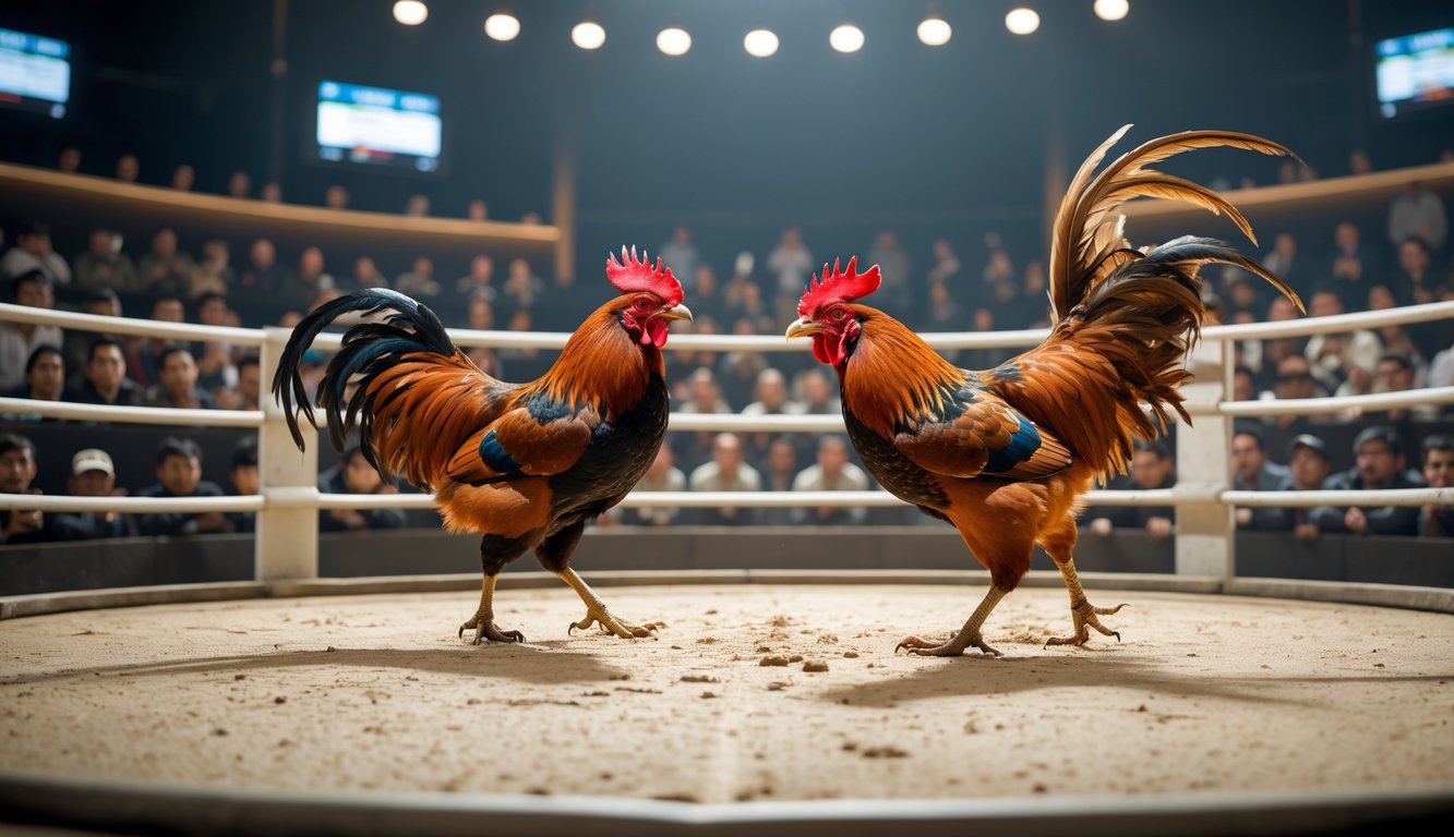 Dua ayam aduan sedang bertarung di arena dengan penonton yang antusias menyaksikan pertandingan.