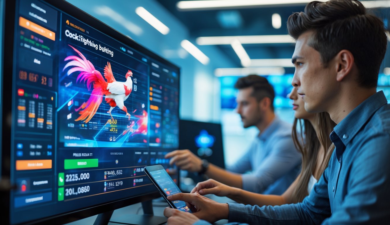 Dua orang sedang menggunakan layar sentuh besar untuk melihat grafik dan data taruhan online dalam ruangan kantor modern.